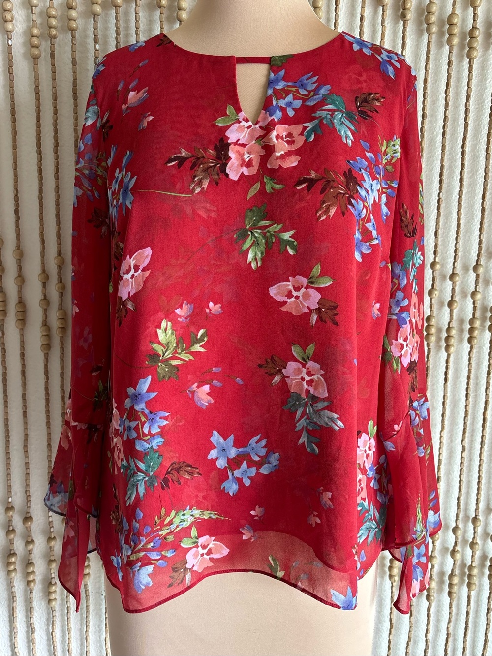 Cabi Red Multi Floral Garden Western Cottage Business Casual Long Sleeve Blouse